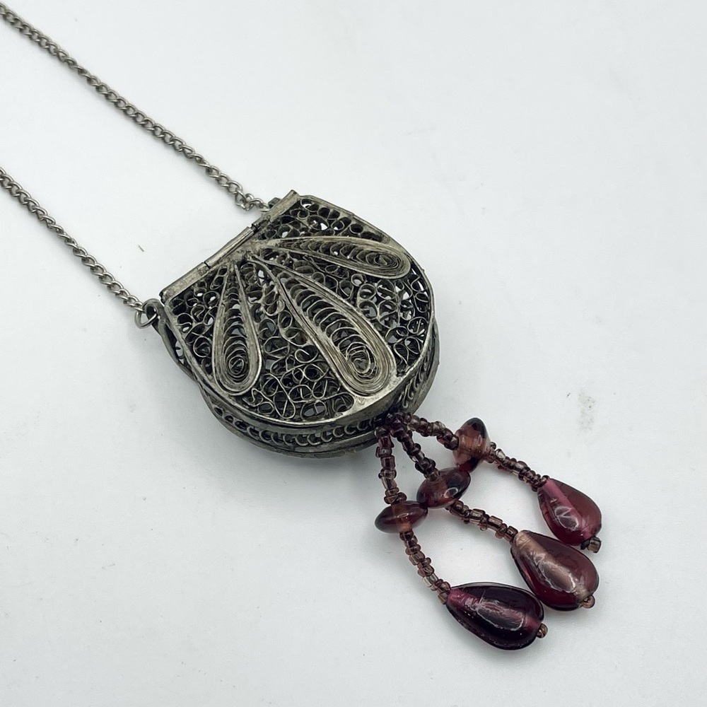 Antique Silver Filigree Purse Pendant Necklace With Amethyst Accents - Picture 12 of 15